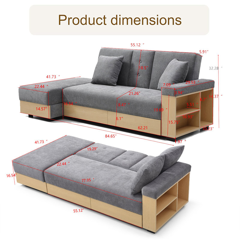 85" Multi-Functional L-Shape Sofa,Sofa Bed With Storage Ottoman And 2-Drawers, Arm Side Shelve, Gray