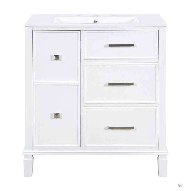 Meuble-lavabo de 30 po avec lavabo en céramique, tiroir escamotable pour la plomberie, armoire en panneau de fibres à densité moyenne avec pieds en bois massif