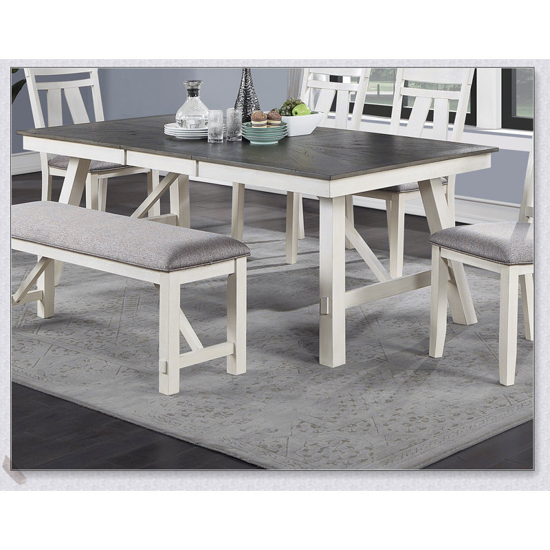 Ensemble de salle à manger 6 pièces avec table extensible, 4 chaises d'appoint et banc en tissu gris et plateau en bois blanc pour des repas élégants