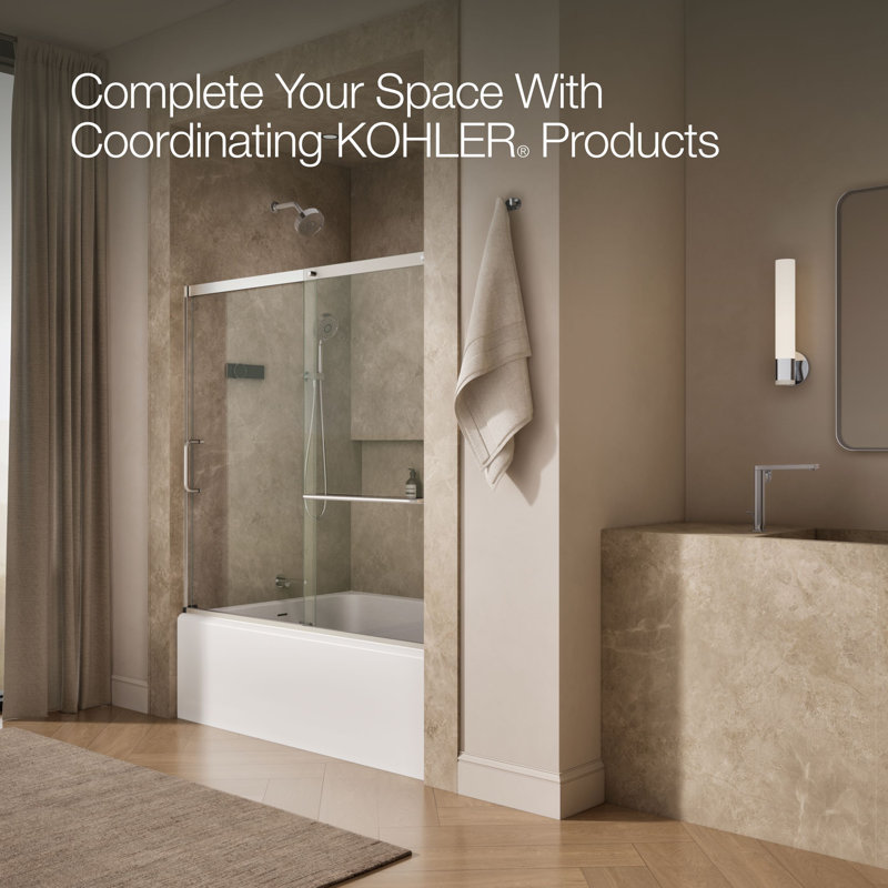 Elate Sliding Bath Door, 56-3/4-In H X 56-1/4 - 59-5/8-In W With Heavy 5/16-In Thick Crystal Clear Glass, Silver