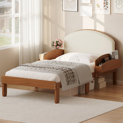 Wood Platform Bed with Headboard, Side Storage and Slats