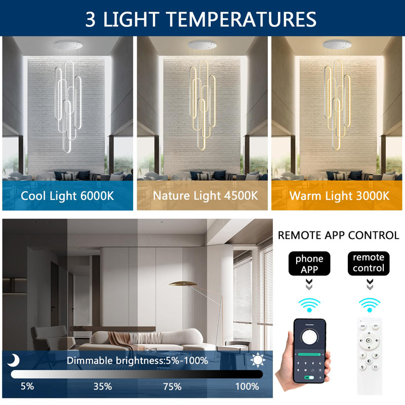 Lustre linéaire à 6 lumières DEL à intensité variable, Argent argent, H 138 po x l 23,6 po x P 23,6 po, 162 W