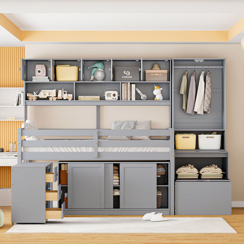 Lit mezzanine simple en bois avec grand rangement, bureau sous le lit, tiroirs et tablettes pour une utilisation optimale de l'espace