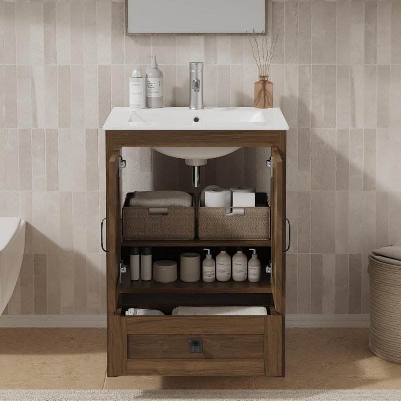 24 Inch Wood Bathroom Vanity Cabinet, Brown 2402, Brown, 24"