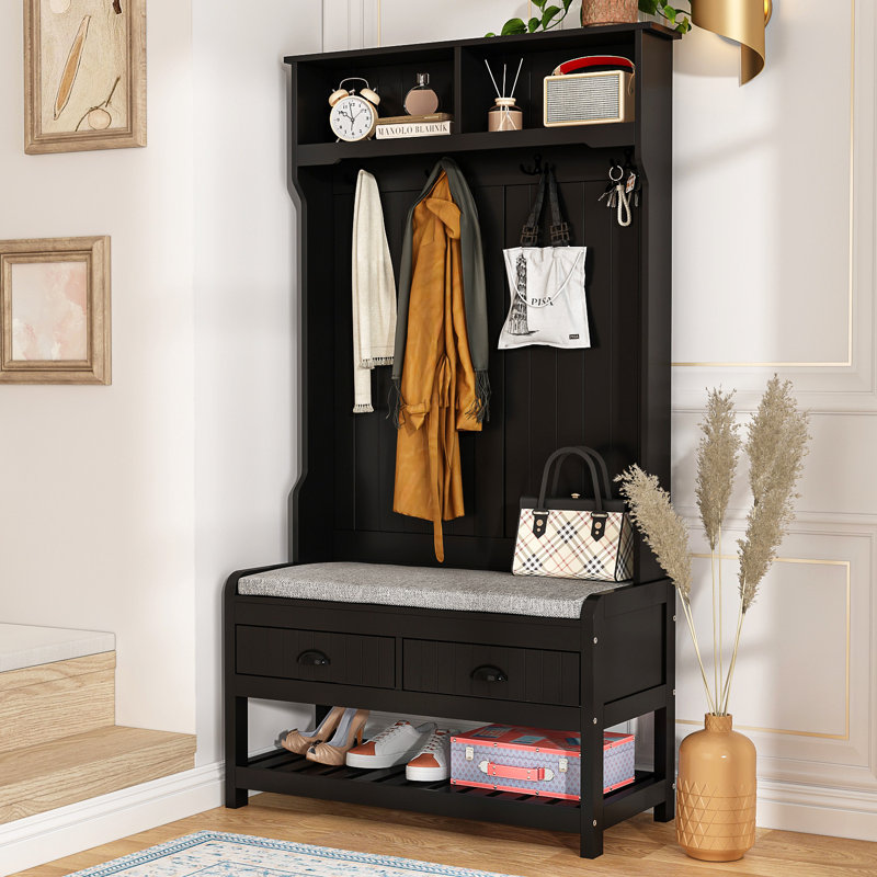 Modern Hall Tree with Bench and Shoe Storage, Black