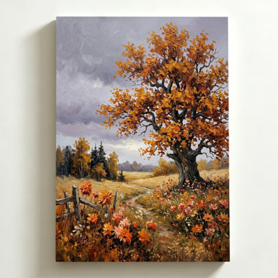 Tableau sur toile d'Halloween 61 x 91 cm. Arbre d'automne aux feuilles orangées éclatantes, entouré de fleurs sauvages et d'une clôture rustique. Impression sur toile de style impressionniste. Décoration murale moderne pour chambre, salon et bureau.