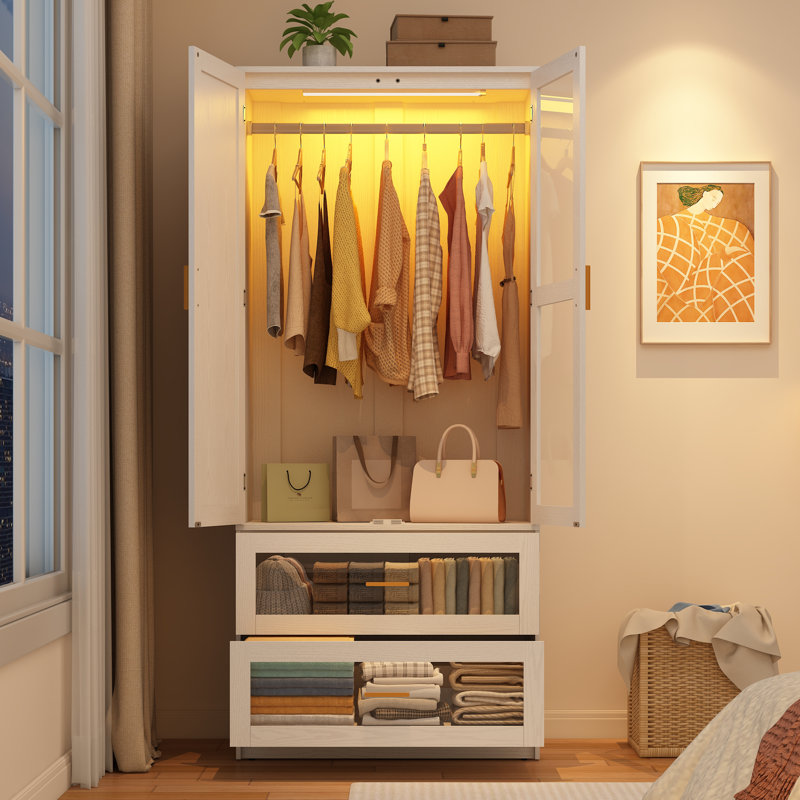 Armoire 2 portes H 71 po avec capteur DEL, miroir en acrylique, tiroirs et tringle, Blanc
