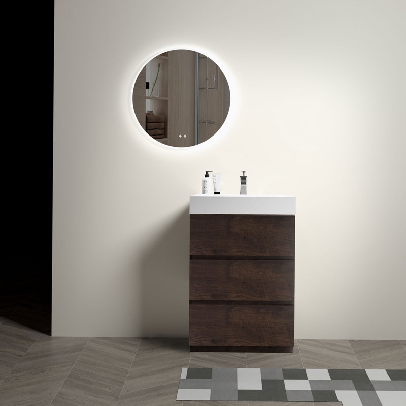 Meuble-lavabo sur pied simple 24 po avec plateau en résine Mostyn, Noyer, Blanc