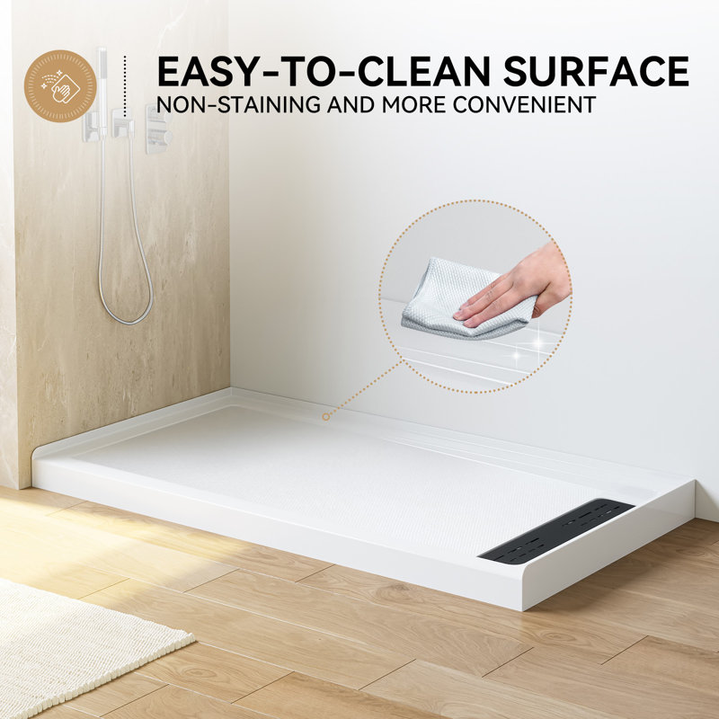 60" x 32" White Shower Base with Drain Assembly and Drain Cover Included, Non-slip Shower Pan, Right