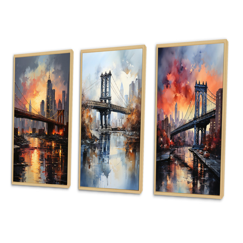 «Coral Bridge Urban Silhouettes», 3 pièces sur toile, Encadré naturel, H 28 po x l 36 po