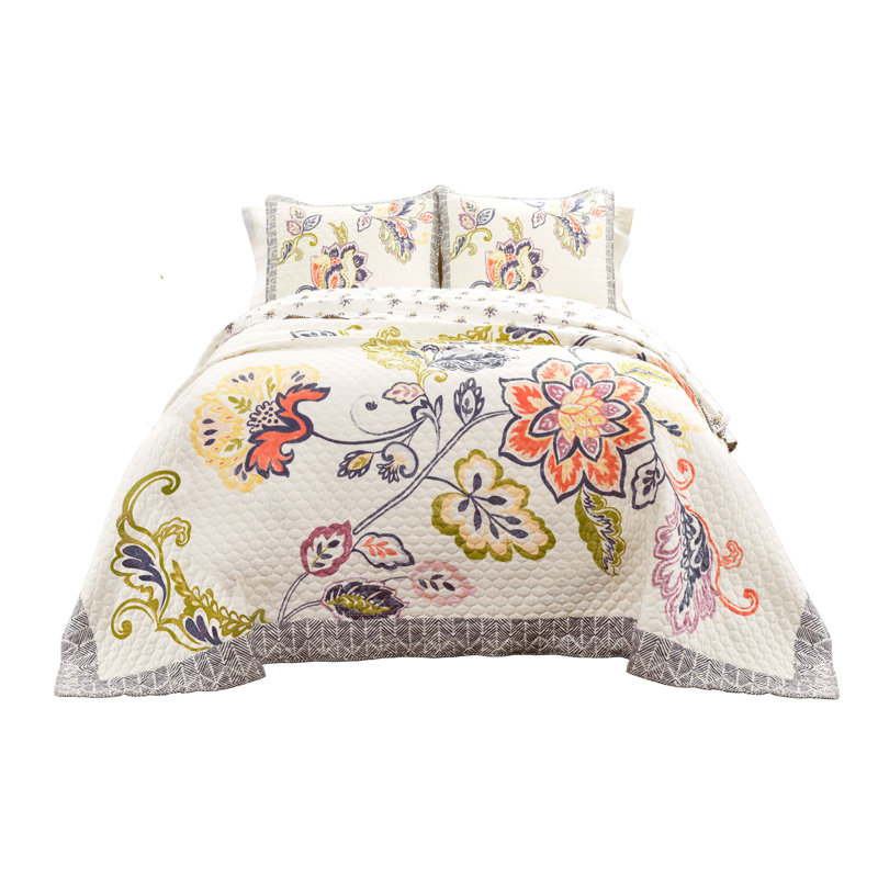 Aster Coral and Navy Reversible Cotton Full Quilt Set