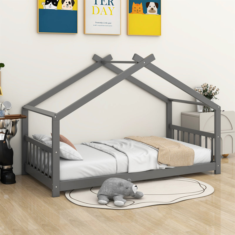 Solid Wood Low House Bed, Gray, Twin