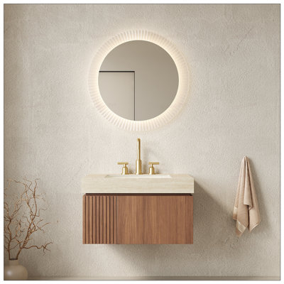 Roma Travertine Sintered Stone Bathroom Vanity with Ceramic Basin, Floating Plywood Storage, and Soft-Close Mechanisms
