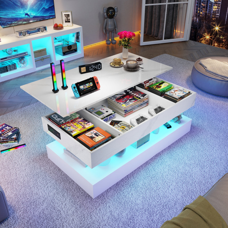 Table basse à plateau relevable de 47,3 po avec lumières DEL RVB APP, station de charge USB et CA, table de rangement haute brillance réglable en hauteur pouvant supporter 180 lb