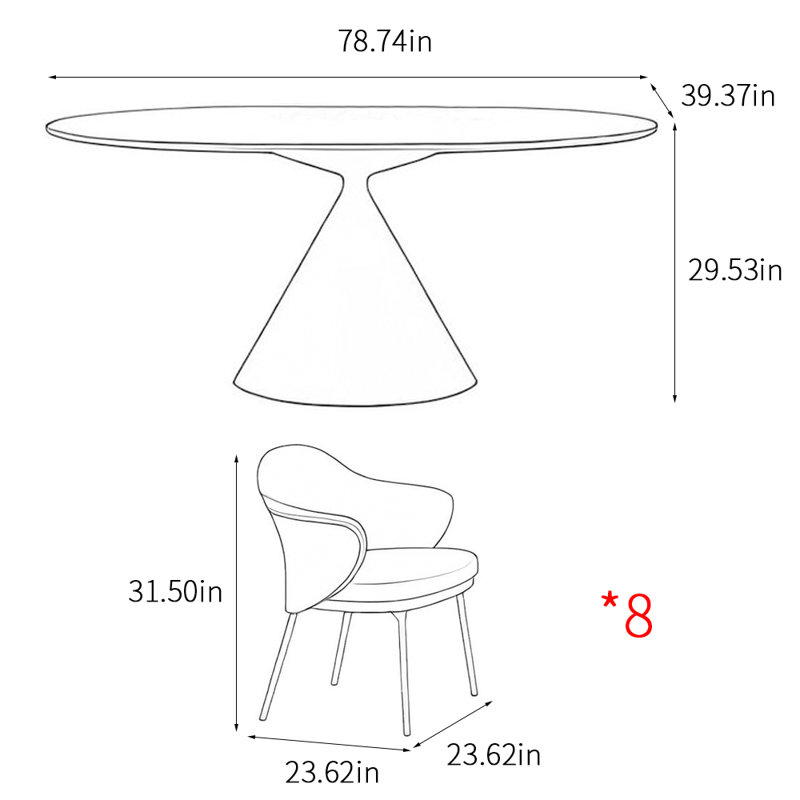 Italian style home oval dining table sets, 29.53"H x 78.74"L x 39.37"W