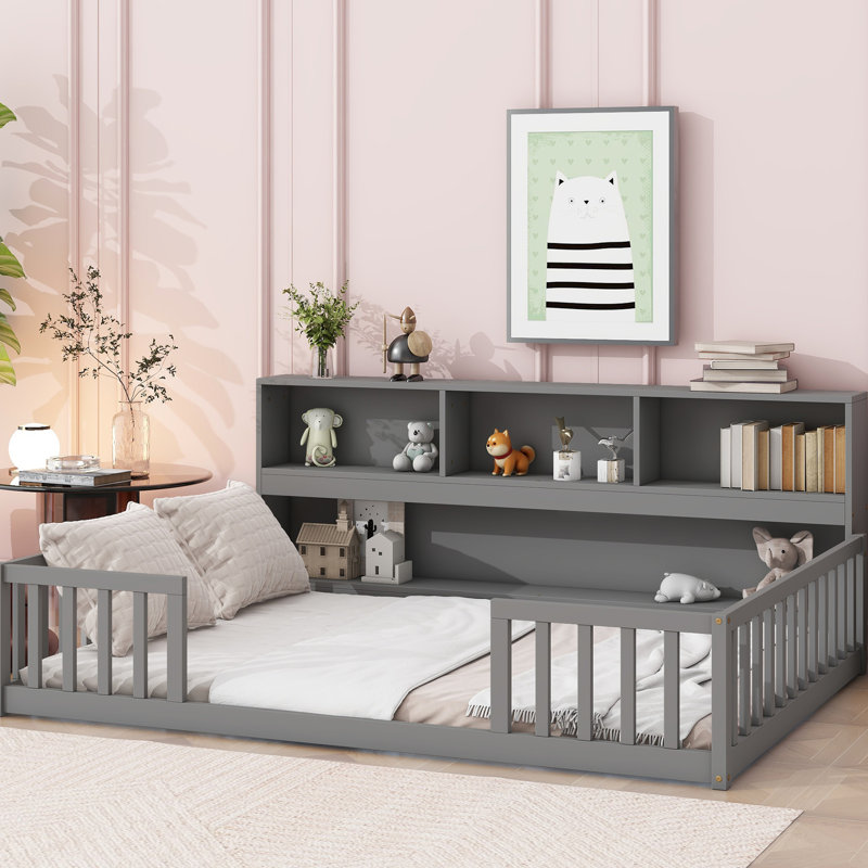 Lit double sur pied avec rangement latéral - gris, qualité et pièce de chambre à coucher avec bibliothèque et garde-corps gris