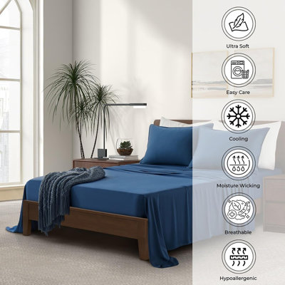 Queen Size Bed Sheet Set | 100% Rayon From Bamboo | Organically Grown | Ultra Soft | Cooling Sheets For Hot Sleepers | 17" Deep Pocket [midnight Blue]