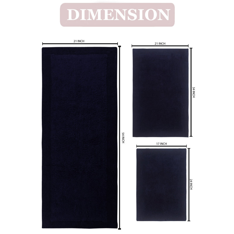 Bruss Luxury 100% Cotton Reversible Bath Rug (Set of 3), Navy