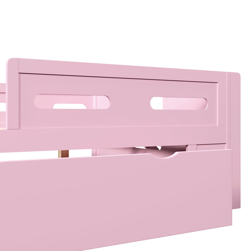 Lit plateforme en bois pleine grandeur avec garde-corps et tiroir, rose, Lit double, Rose