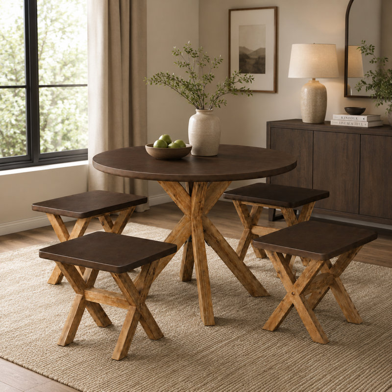 Ensemble de table de salle à manger et de tabourets sans dossier brun rustique 39,4 po de style rustique d'intérieur / d'extérieur brun foncé Severo