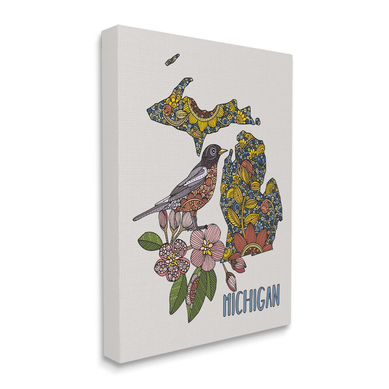Motif détaillé d'oiseaux et de fleurs de l'État du Michigan détaillé par Valentina Harper - impression, Toile tendue