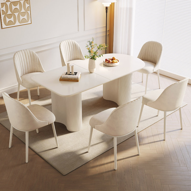 62.99" Modern Cream White Dining Table Set with 6 Chairs,Oval Kichen Table Set For 6, for Kitchen, Breakfast Nook,Dining Room