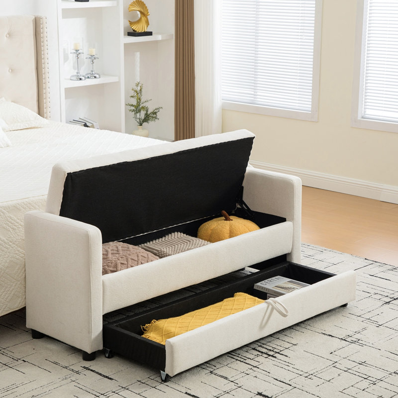 Banc de rangement rembourré moderne de 58,27 po de largeur avec double espace de rangement, Beige