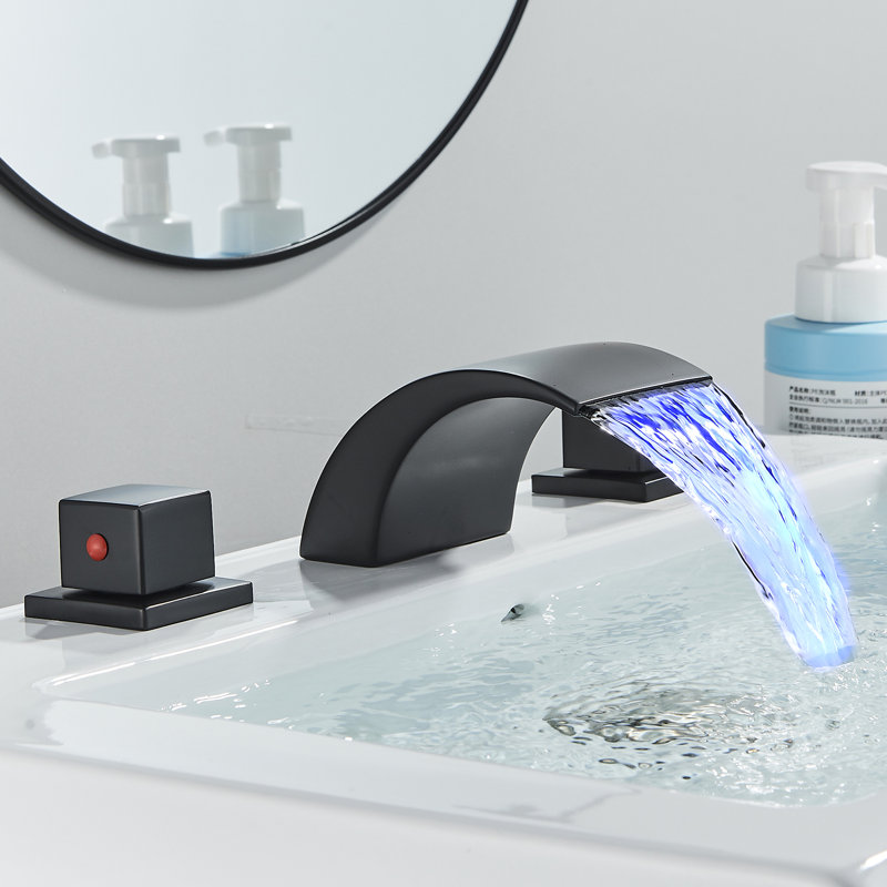 Arlennart Widespread Waterfall Bathroom Faucet - Double Handle LED Color Changing Curved Spout for Vessel Sink