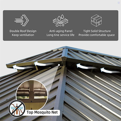 Pavillon de jardin rigide, auvent extérieur en aluminium avec double toit en acier galvanisé, pavillon extérieur permanent en métal avec rideaux et filet pour patio, cour et pelouse