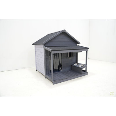 Grande niche pour chien, longueur 44,2 po x largeur 44,6 po x hauteur 44,6 po, niche en bois massif avec grande terrasse, grande maisonnette résistante aux intempéries, tapis de nettoyage, bol d'alimentation
