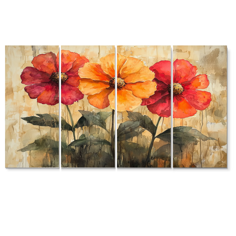 Autenberry - art mural Zinnias - décoration murale traditionnelle 4 pièces, H 28 po x l 48 po