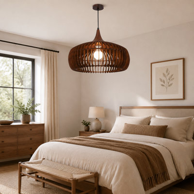 Luminaire suspendu Mid-Century moderne en noyer avec abat-jour à lattes ouvertes