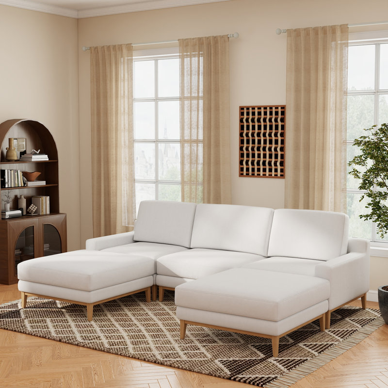 Canapé d'angle Bourbeau 5 pièces, recouvert de tissu et déhoussable, avec pouf, White Polyester, 27.95" H x 117" W x 78" D