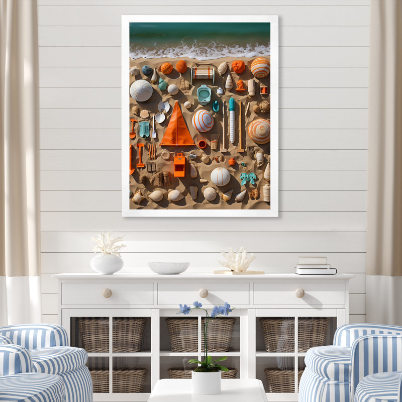«Beach Jouets Collage I» - reproduction sur toile de plage, H 40 po x l 30 po x P 1,5 po, Cadre photo blanc