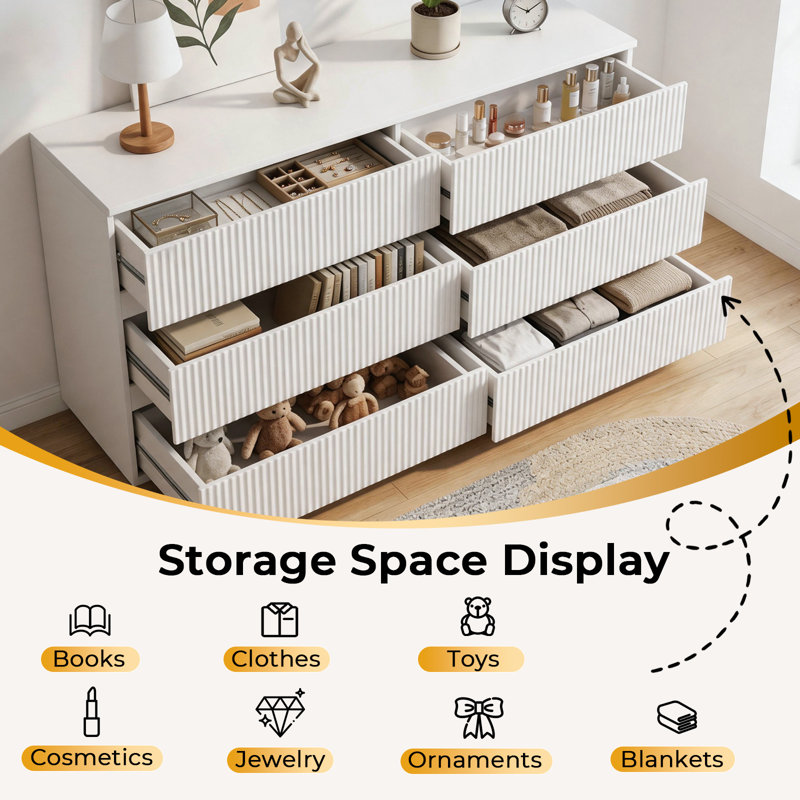 55" W 6 - Drawer Double Dresser , White