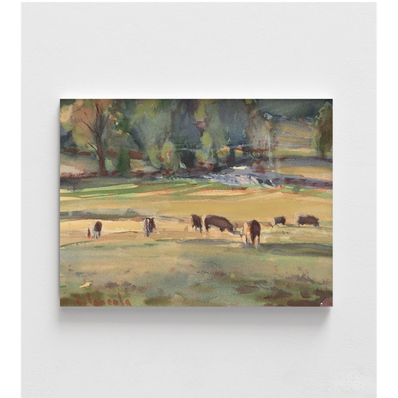 Aquarelle de vaches broutant par Stephen Calcasola, décor d'affiche de paysage champêtre, art mural bar Cowboy, art mural maison de ferme rustique, vache
