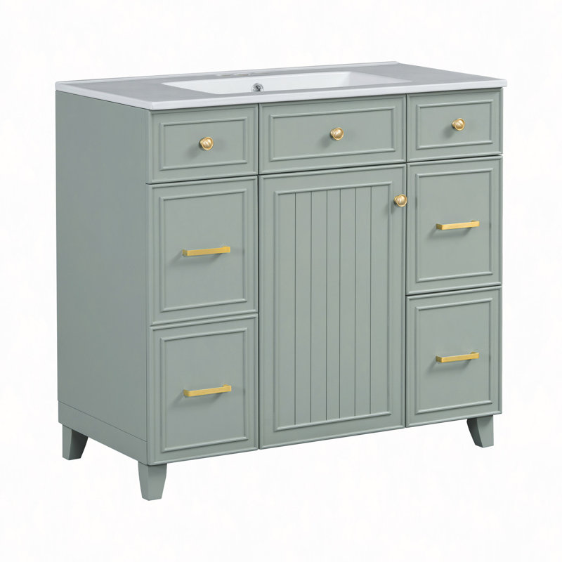 36" Bathroom Vanity With Ceramic Sink, Solid Wood Frame, Soft Close Doors, Adjustable Shelves, 3 Drawers ,Including Double-Depth Drawer For Hairdryer Storage