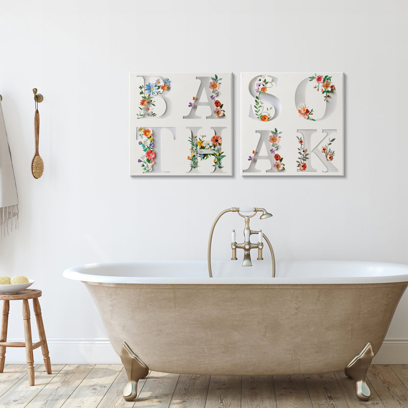 "Relaxing Floral Bathroom", ensemble d'art mural sur toile 2 pièces, design par Susan Arnot, H 17 po x l 34 po