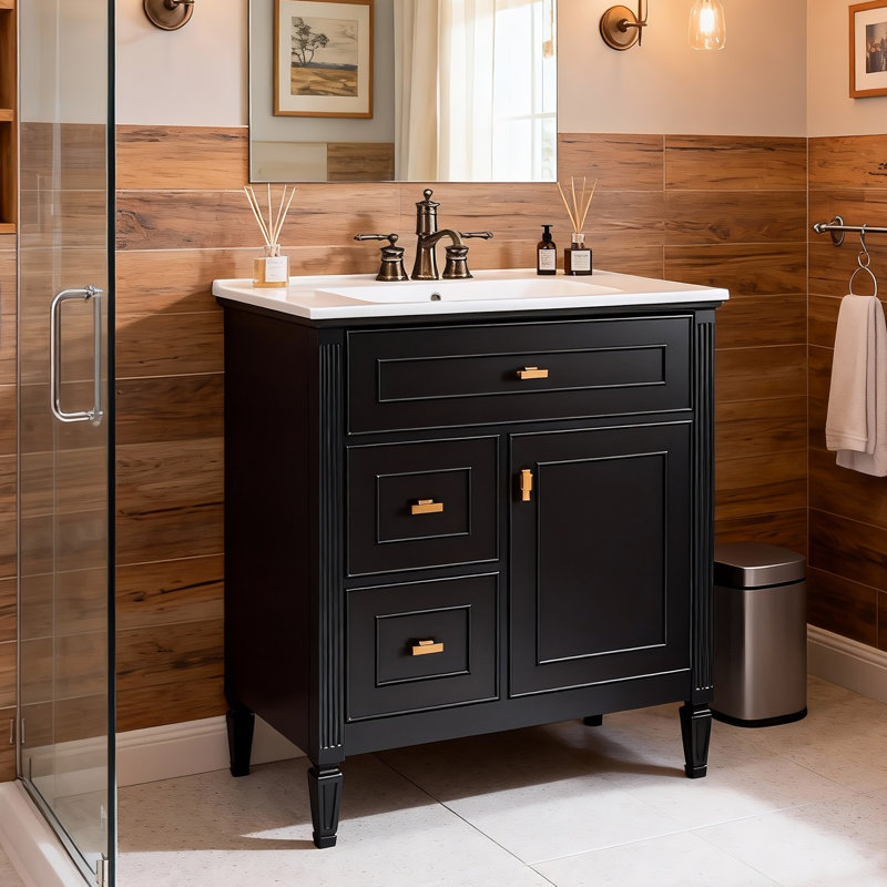 Meuble-lavabo de 30 pouces avec lavabo en céramique, armoire en bois massif et bois aggloméré, 1 tiroir rabattable, 2 tiroirs