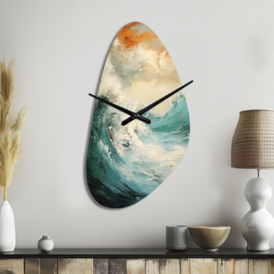 Modern Coastal Blue And Gold Wave - Fall Shape Decorative Beige Coastal Ocean Wall Clock