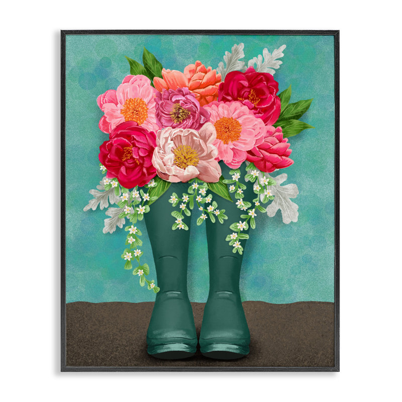 Ensemble de giclées de bottes de pluie Peony, par Jilly Jack Designs, H 14 po x l 11 po, Giclée encadrée noir minuit