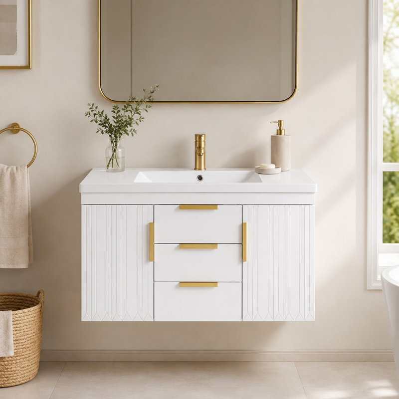 Meuble-lavabo moderne de 36 pouces: armoire de rangement murale en bois massif à 2 tiroirs, Blanc
