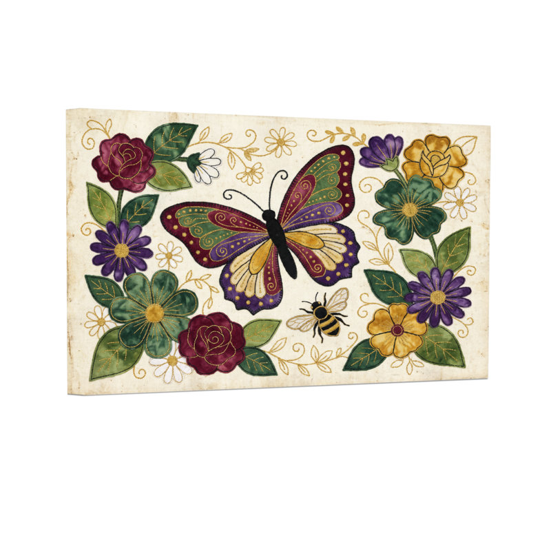 Animaux, papillon, abeille, fleurs, feuilles, motifs, conception artistique, H 20 po x l 30 po
