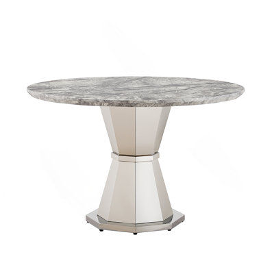 Table de salle à manger ronde en marbre de 47 po, table de cuisine moderne avec plateau en faux marbre ultrabrillant et base en acier inoxydable pour la salle à manger, cuisine (argent, gris)