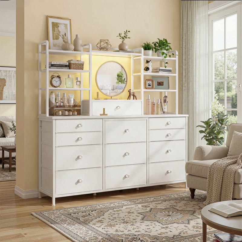 Commode de rangement en tissu à 12 tiroirs avec coiffeuse et éclairage DEL pour l'organisation de la chambre à coucher, Blanc