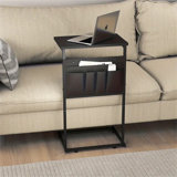 C-Shaped Coffee Table, Small And Sturdy Sliding Sofa Table With Metal Frame For Living Room And Bedroom, Sofa Side Table With Storage Pocket, Black