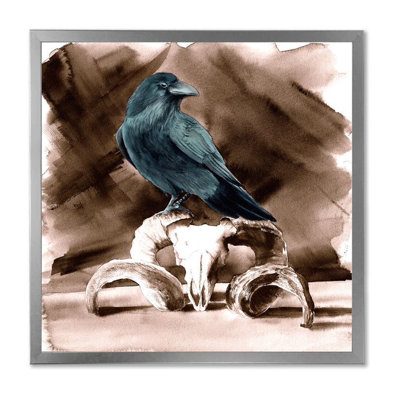Raven assis sur un crâne de bélier - reproduction d'art sur toile traditionnelle, H 16 po x l 16 po x P 1 po