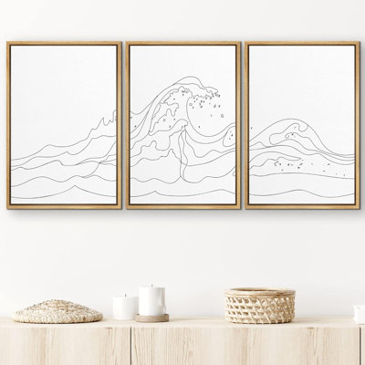 " Line Art Crashing Ocean Waves Nature Seascape Black And White Minimalist Neutral Decor Modern Art " 3 - Pieces