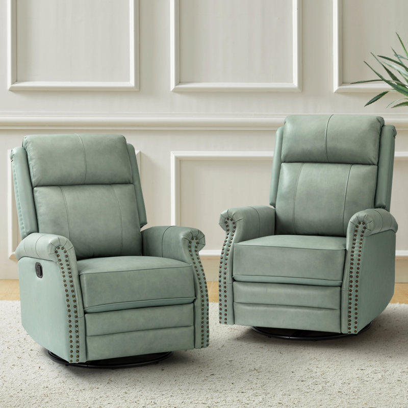 Anouschka 30.5" Wide Swivel Rocking Genuine Leather Manual Recliner, Sage Genuine Leather