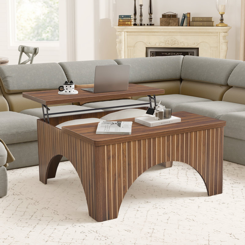 Table basse à plateau relevable avec rangement, Noyer